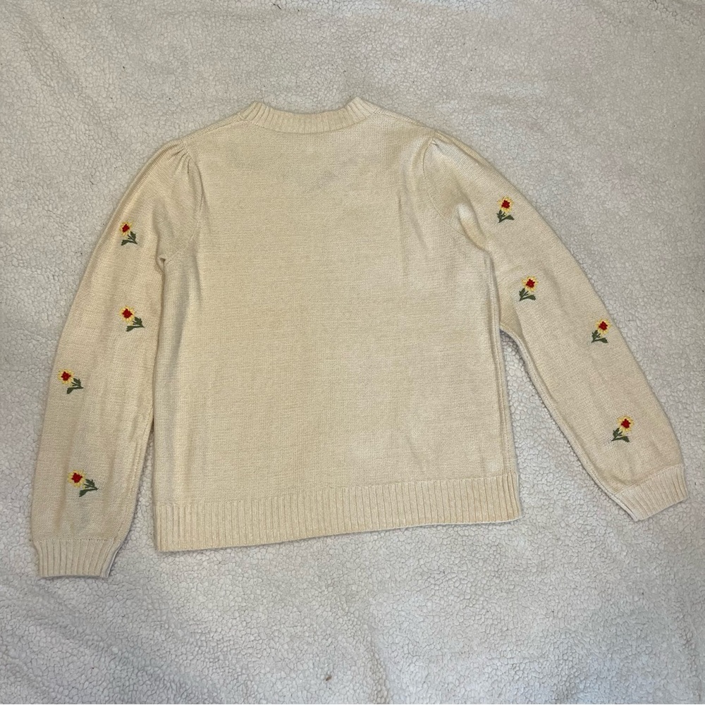 Floral Embroidered Cream Lightweight Knit Sweater, Women's Size Small - Picture 5 of 10
